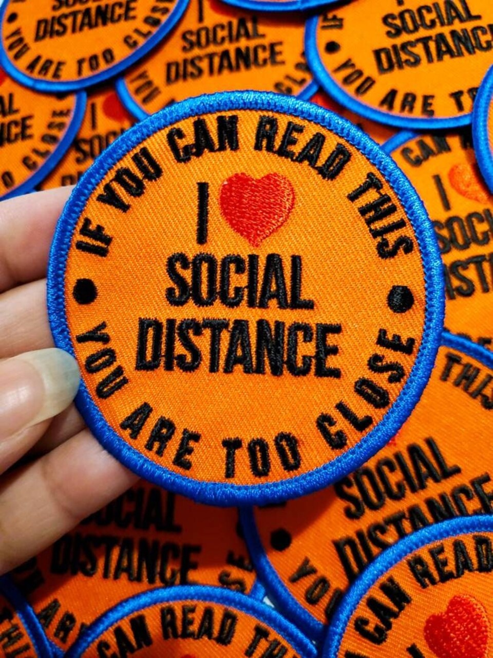 "I Love Social Distance" Patches for Masks, Colorful Iron-on Embroidered Applique, Size 2.85" inches